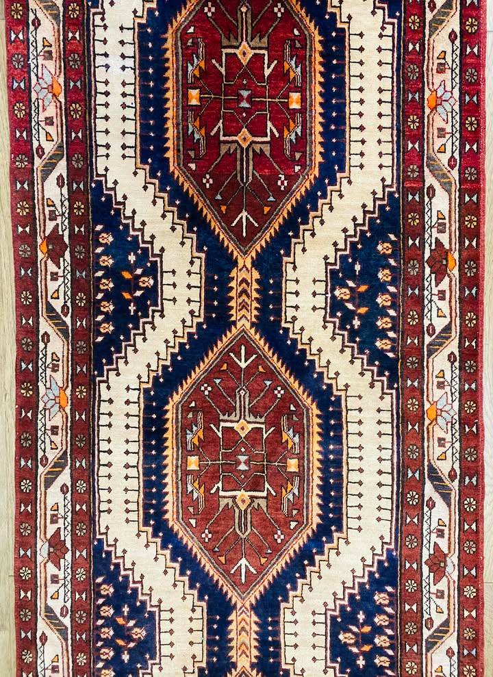 Origin "Ardebil" Hand Knotted Sheep Wool Persian Rug Natural Dyes Geometric Pattern 13'8" X 3'5"