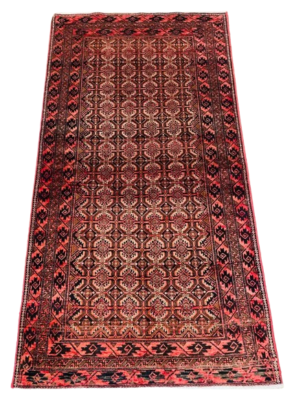 606448841_766372456505032_5831333211950055551_n-removebg-preview Origin "Baluch" Persian Rug Hand Knotted Natural Dyes with Repeating Geometric Patterns 6'6" X 3'4"