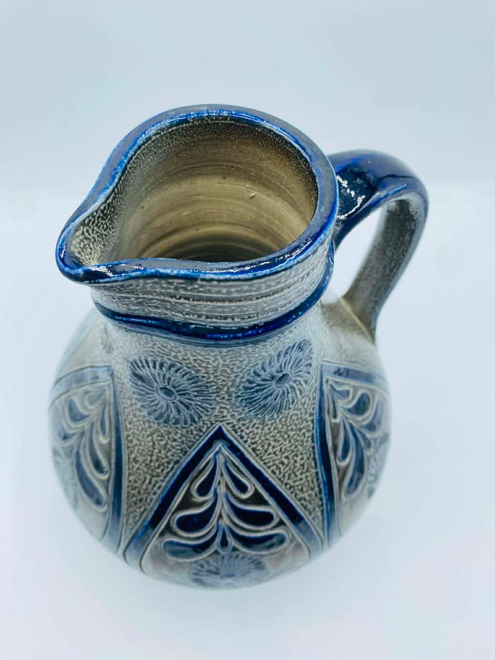 Early German Westerwald Salt Glazed Stoneware Pottery Signed Pitcher/Jug