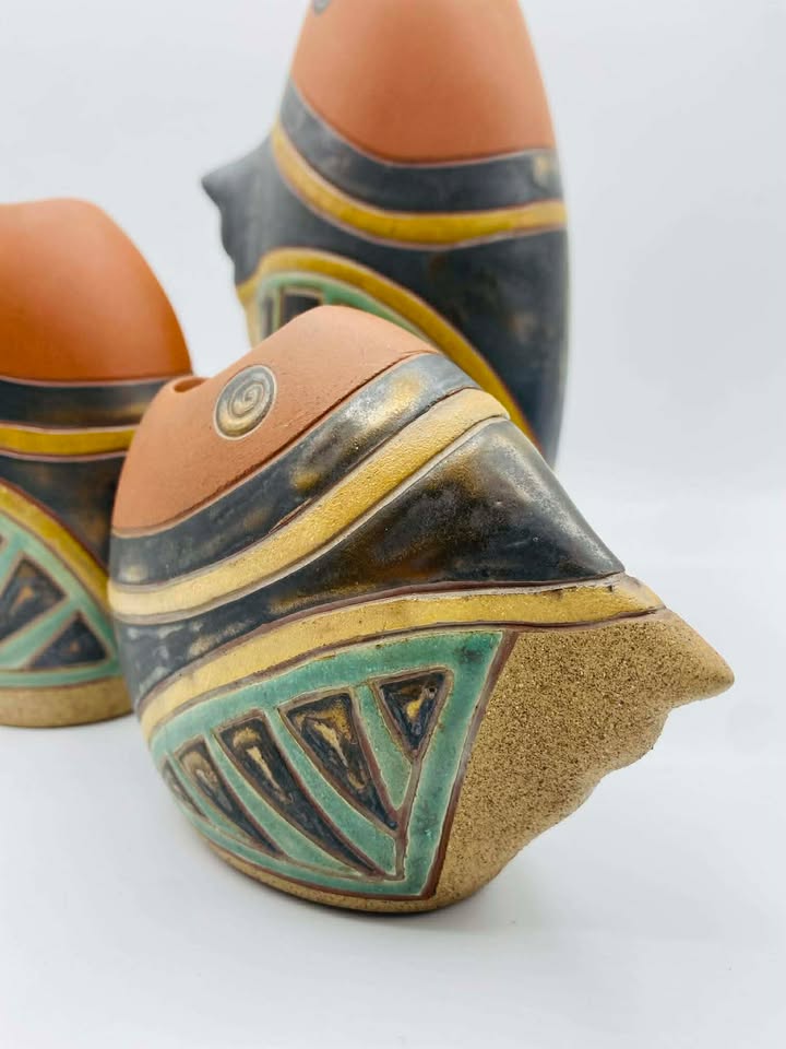 1980s Set of 3 Vintage Terracotta Fish Shape Vases Made in Vietnam