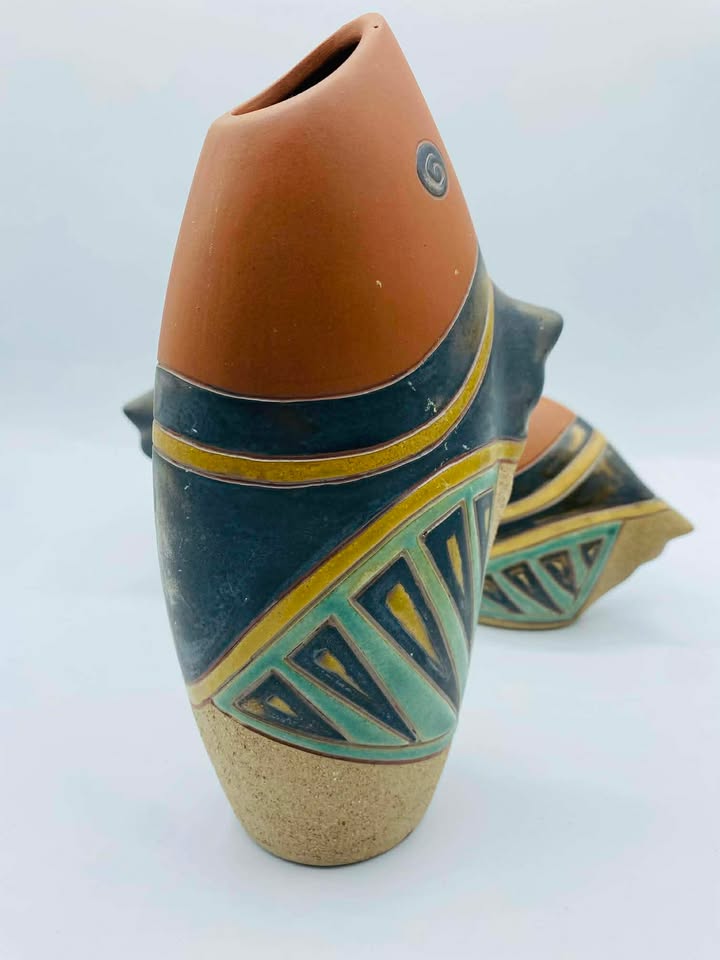 1980s Set of 3 Vintage Terracotta Fish Shape Vases Made in Vietnam