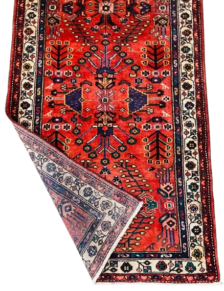 Origin "Hamedan" Persian Rug Hand Knotted Natural Dyes with RARE Map of Tree pattern 10' X 3'5"