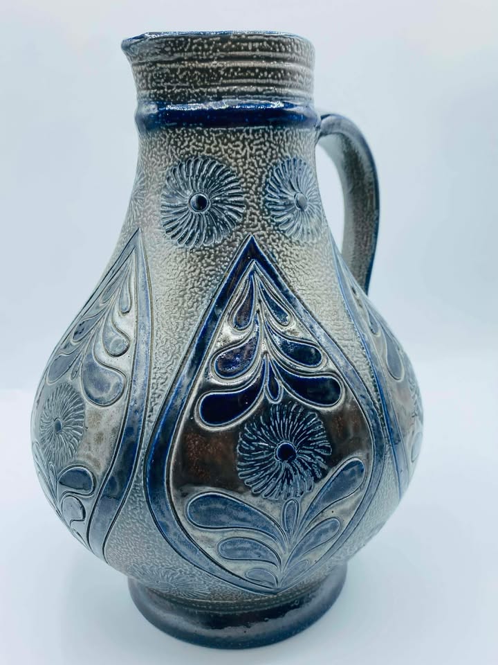 Early German Westerwald Salt Glazed Stoneware Pottery Signed Pitcher/Jug