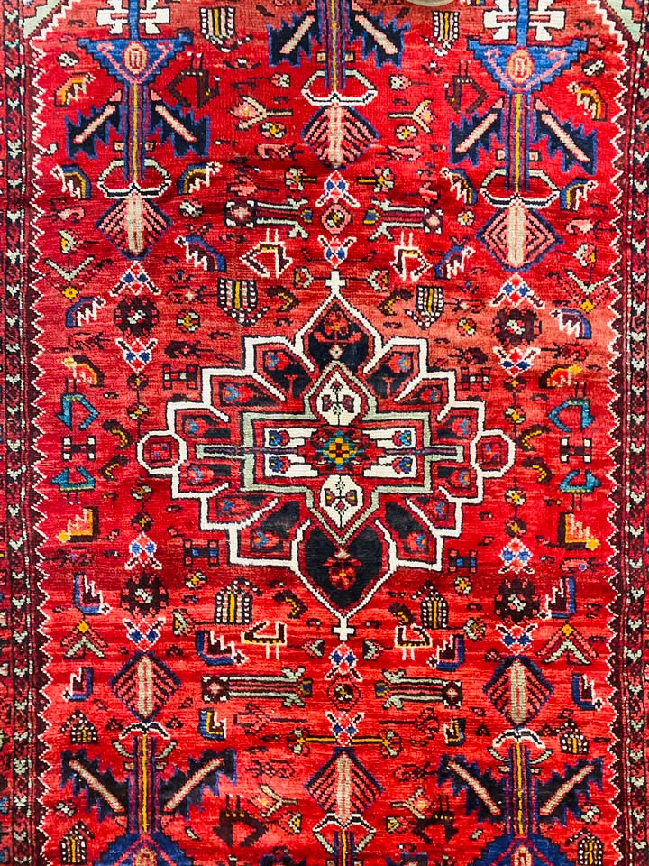 Origin "Zanjan" Persian Tribal Rug Hand Knotted Natural Dyes with Floral Medallion and Geometric Patterns 7'3" X 3'11"