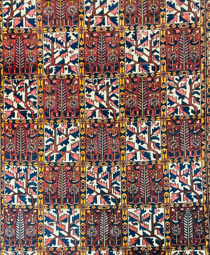 Origin "Bakhtiyar" Persian Tribal Rug Hand Knotted Natural Dyes with Geometric Checkered Floral Patterns 8'7" X 4'10"