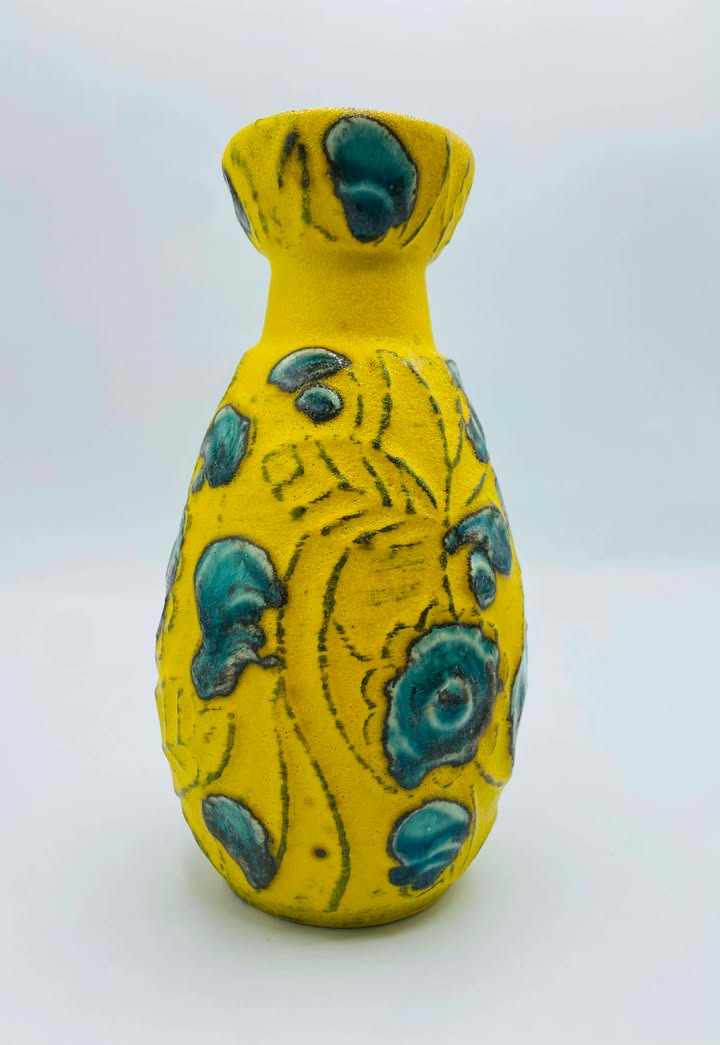 Rare 1960s-1970s Fat Lava West Germany Vase in Yellow and Blue Flowers by Bay Keramik