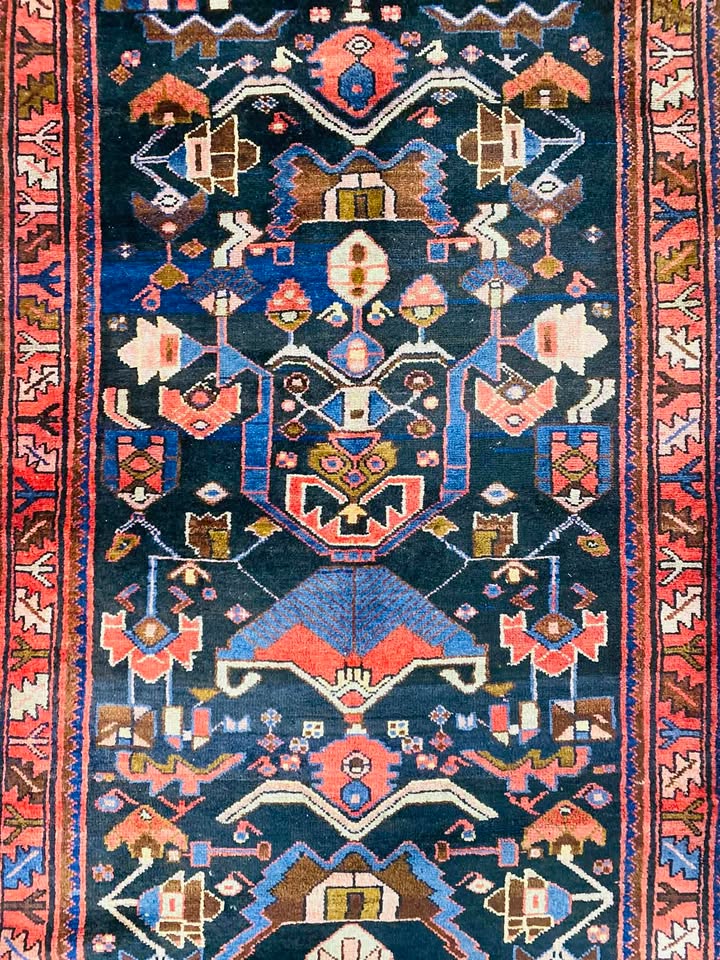 Origin "Zanjan" Persian Rug Hand Knotted Natural Dyes with RARE Geometric Patterns 10' X 3'7"