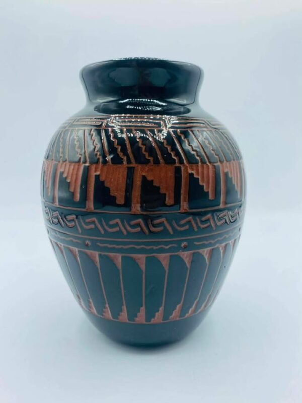 611002006_877364708335524_7390552785710016925_n 2001 Signed Billy Dennison Navajo Etched Pottery Vase