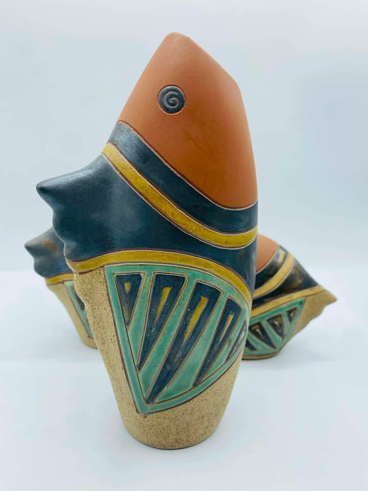 1980s Set of 3 Vintage Terracotta Fish Shape Vases Made in Vietnam